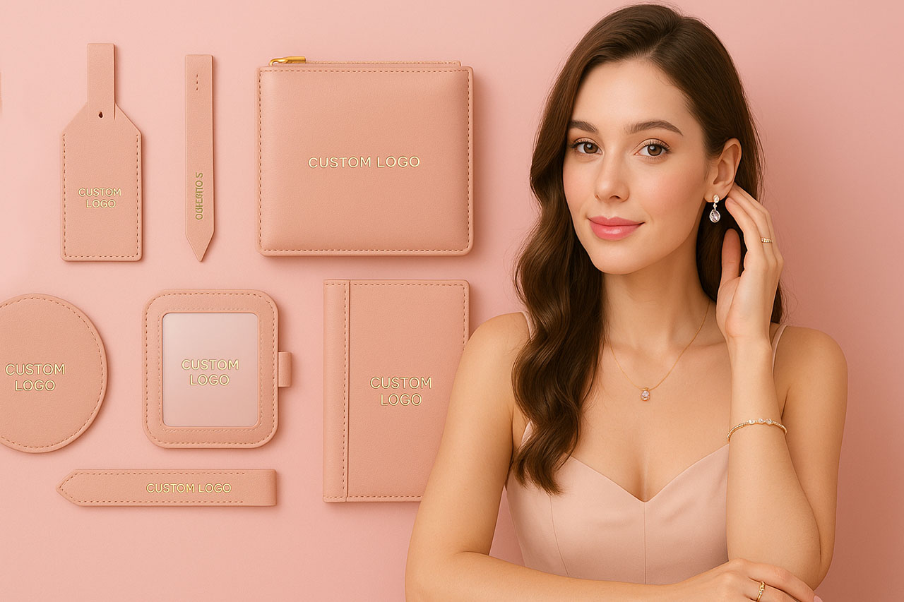A collection of custom pink leather travel accessories, including a passport holder and luggage tag, showcasing JR Fashion Accessories' personalized gift manufacturing.