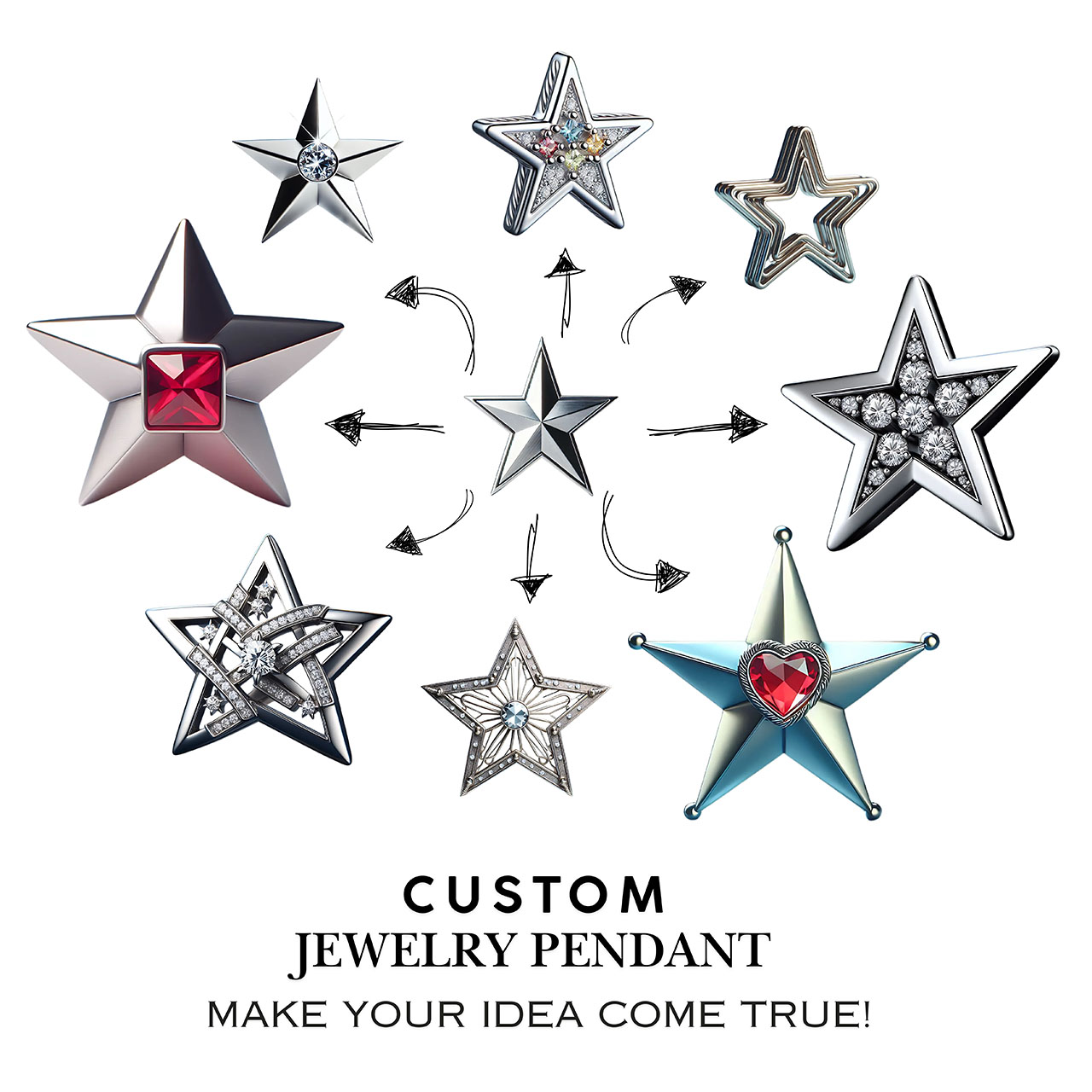 A collection of custom star-shaped jewelry pendants in gold and silver, featuring various gemstone options, showcasing JR Fashion Accessories' custom manufacturing capabilities.
