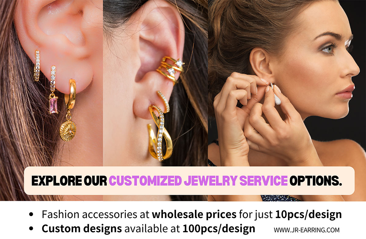 Promotional banner for JR Fashion Accessories' wholesale and custom clip-on earring manufacturing services.