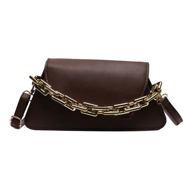 A stylish dark brown PU leather chain handbag, model JRP-024, with a polished gold chain strap, displayed against a clean background.