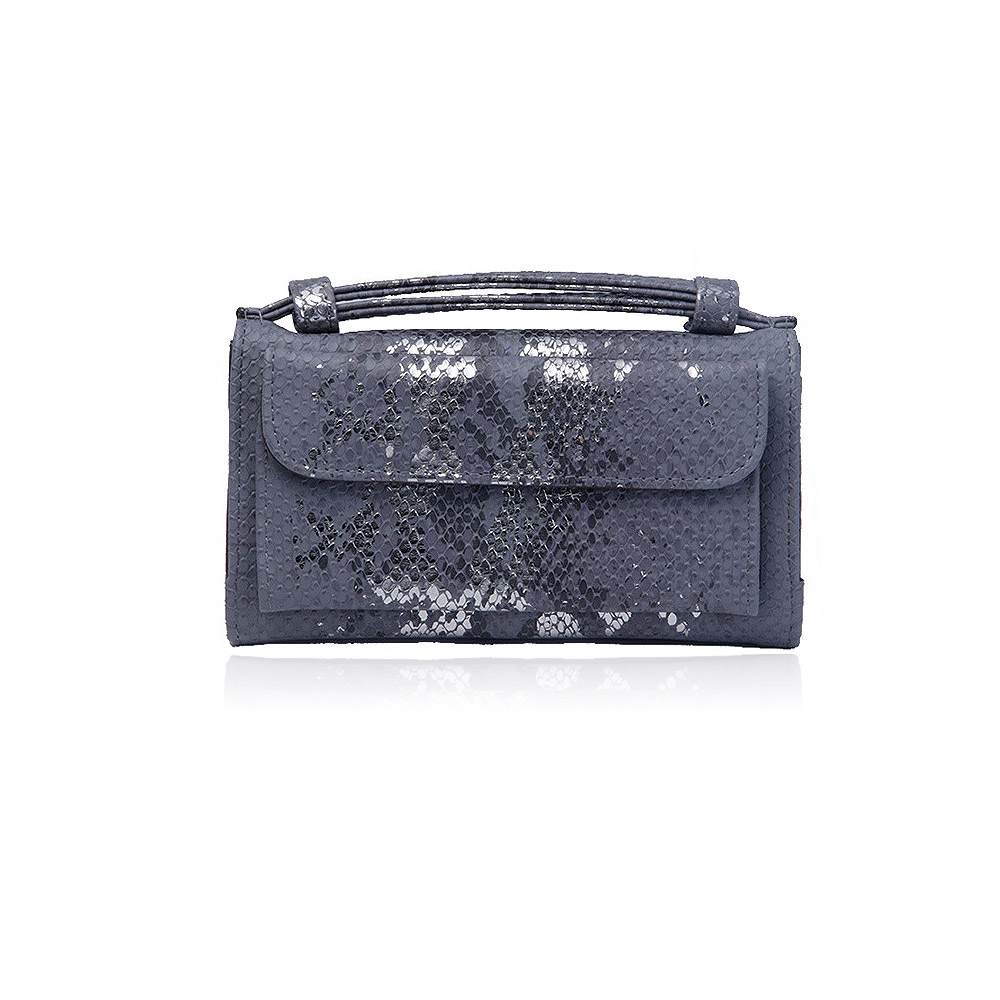 Stylish dark gray snake skin clutch bag with an adjustable strap, made from high-quality PU leather.