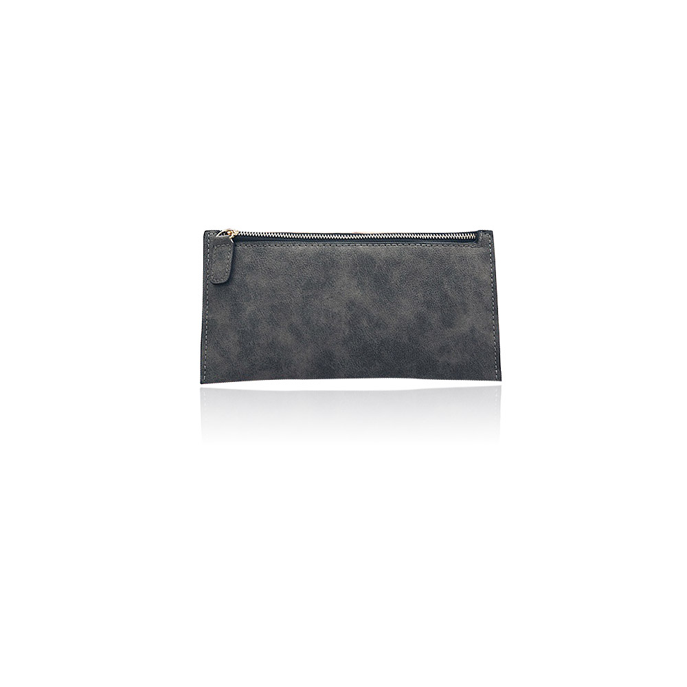 A stylish dark gray faux leather women's long purse with a secure zipper closure, perfect for wholesale.