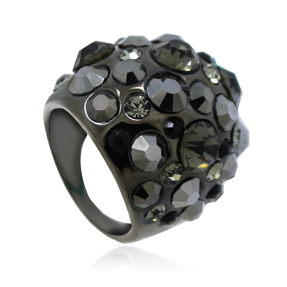 A bold Black Statement Rocky Ring with hematite plating, featuring an array of gray and black crystal stones.