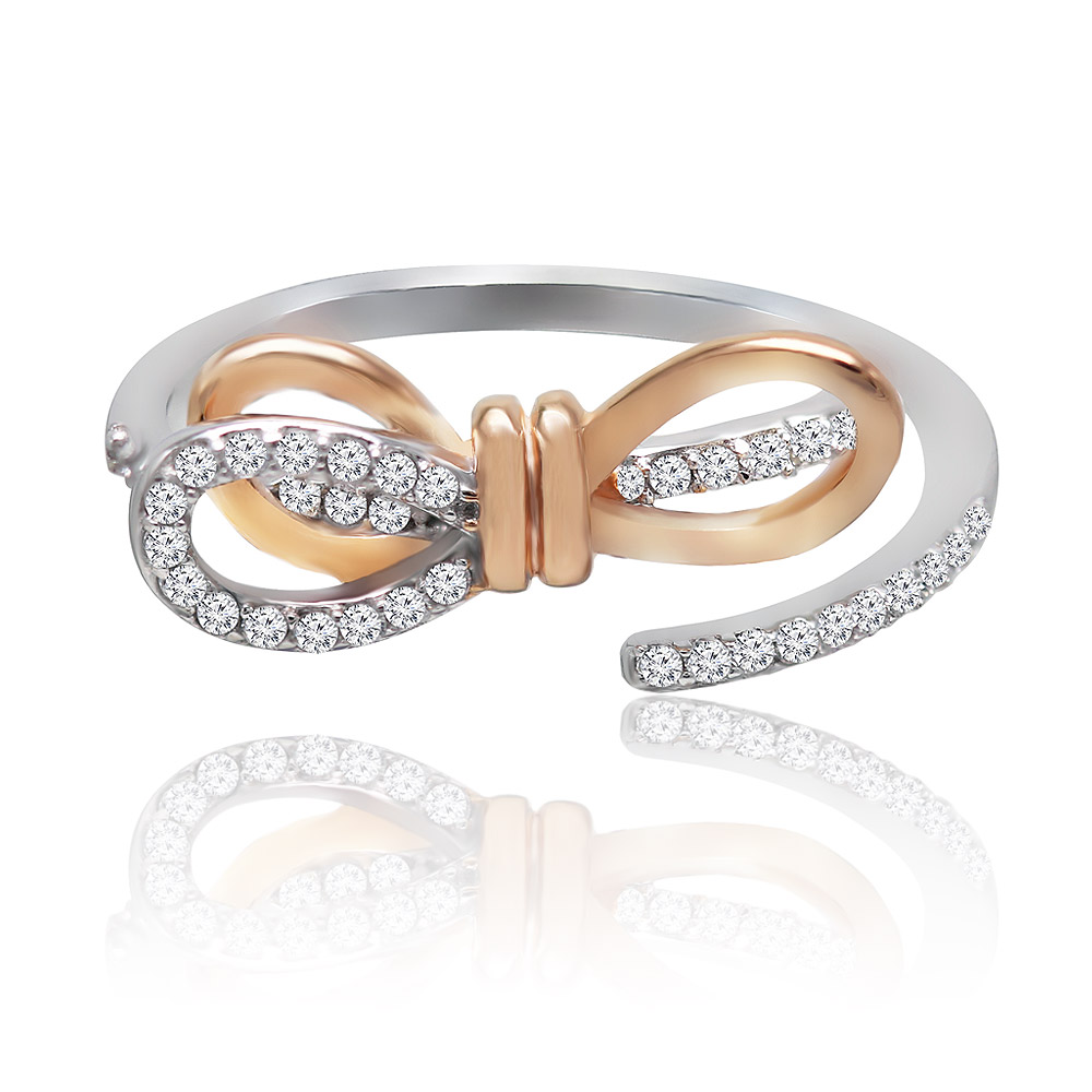 Close-up of the Tied Ribbon Bow Ring, showcasing its dual-tone silver and rose gold design with a diamond-encrusted bow motif.