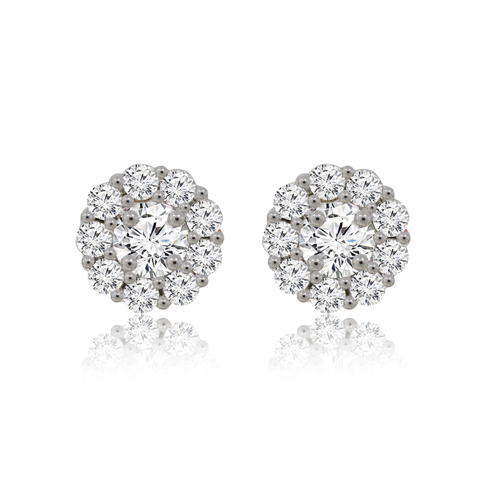 A pair of 10MM Round Cubic Zirconia Earring Jackets with a sparkling cluster design, set in rhodium-plated silver-tone metal.