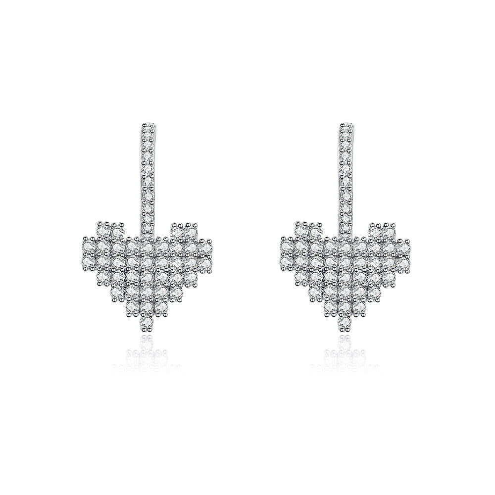 A pair of rhodium-plated cross stud earrings, fully encrusted with sparkling white cubic zirconia stones, on a white background.