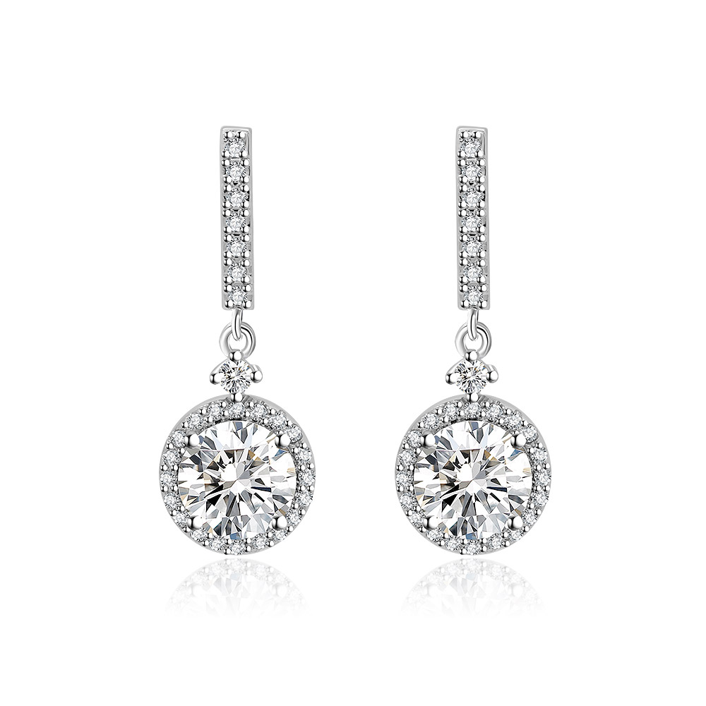 White CZ Round Drop Earrings featuring a silver dangle design with a rectangular bar and a brilliant circular cubic zirconia pendant.
