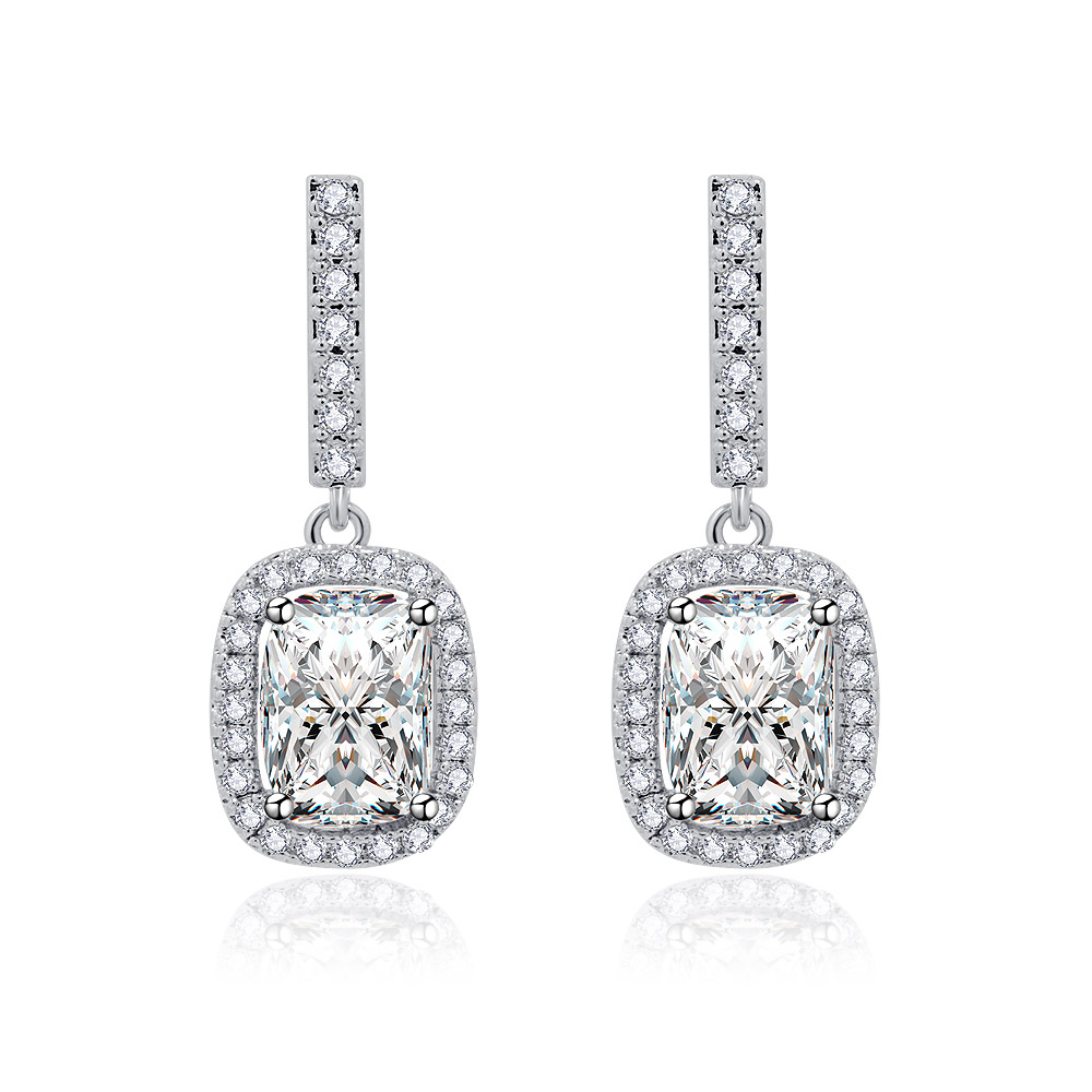 A pair of sophisticated rectangle shape CZ drop earrings with large emerald-cut cubic zirconia stones, set in rhodium-plated brass, shown against a clean white background.