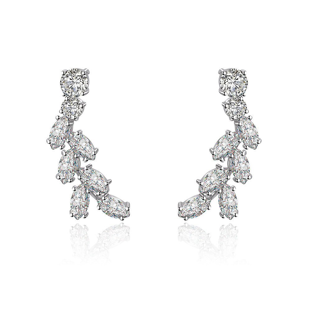 Front view of the Rhodium Firework Drop Earrings, showcasing the cascading design of marquise and round-cut cubic zirconia stones set in polished rhodium-plated brass.