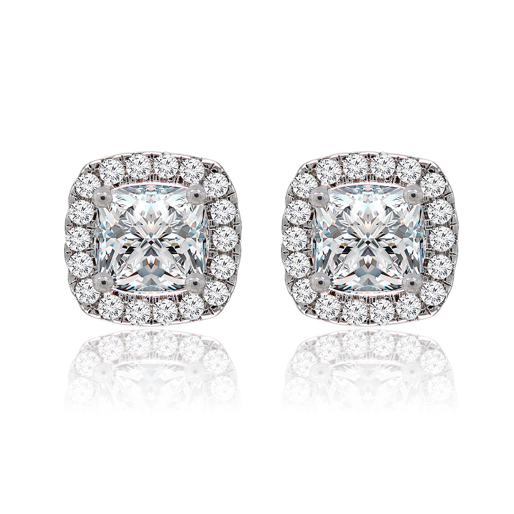 Front view of the Square Passion Studs, featuring a large cushion-cut cubic zirconia surrounded by a halo of smaller stones in a rhodium-plated setting.
