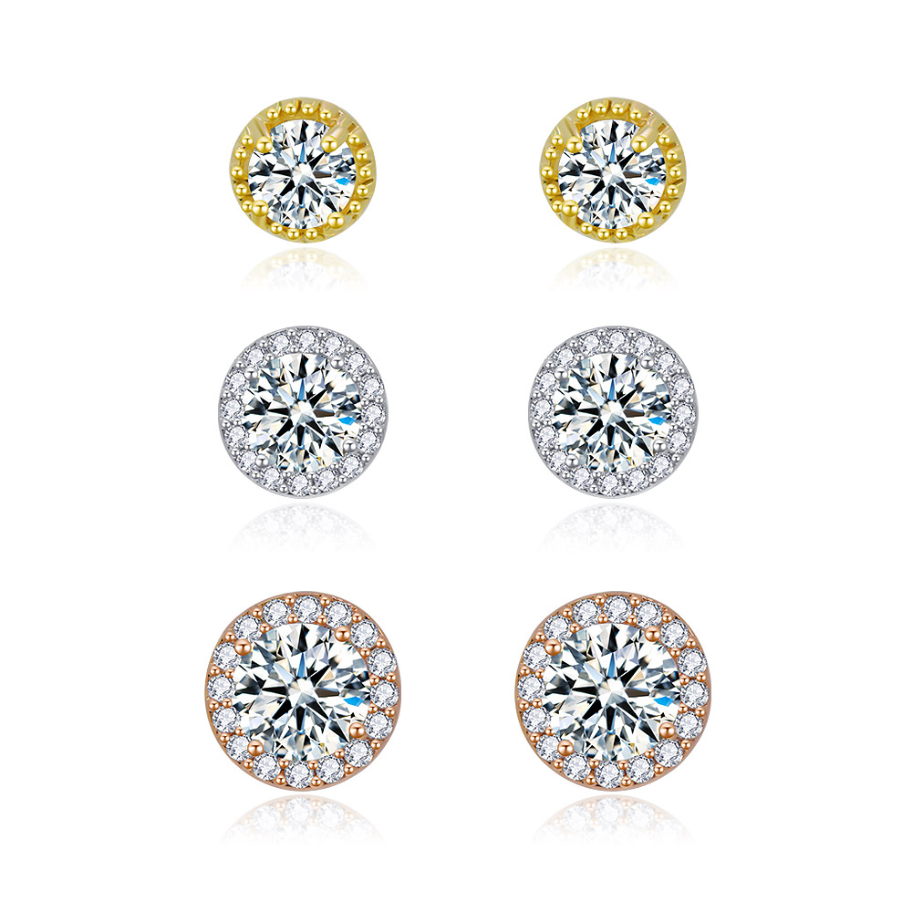 A set of three pairs of Tri-Tone Pave CZ round stud earrings in gold, silver, and rose gold finishes, displayed on a white background.