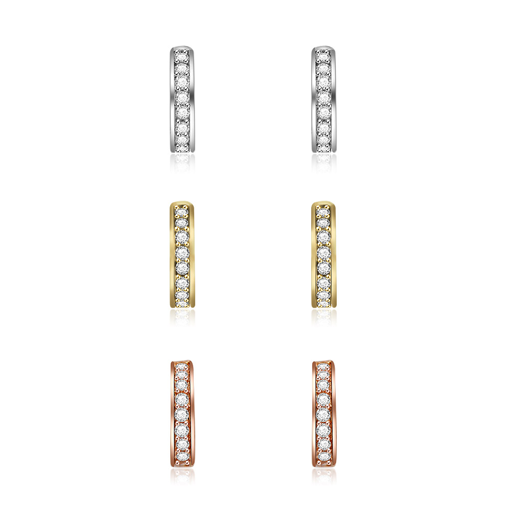 A set of three pairs of open hoop pave post earrings in rhodium, gold, and rose gold finishes, each adorned with sparkling cubic zirconia stones.