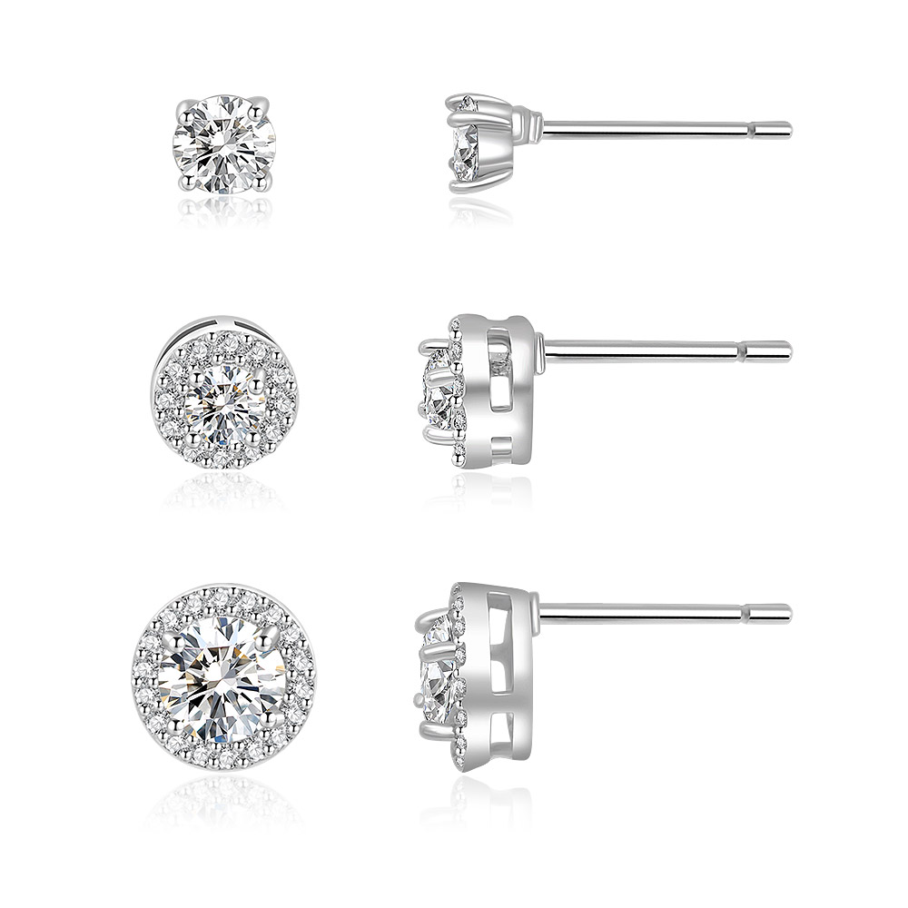 A set of three pairs of rhodium pave stud earrings with cubic zirconia, shown in three different sizes and settings.