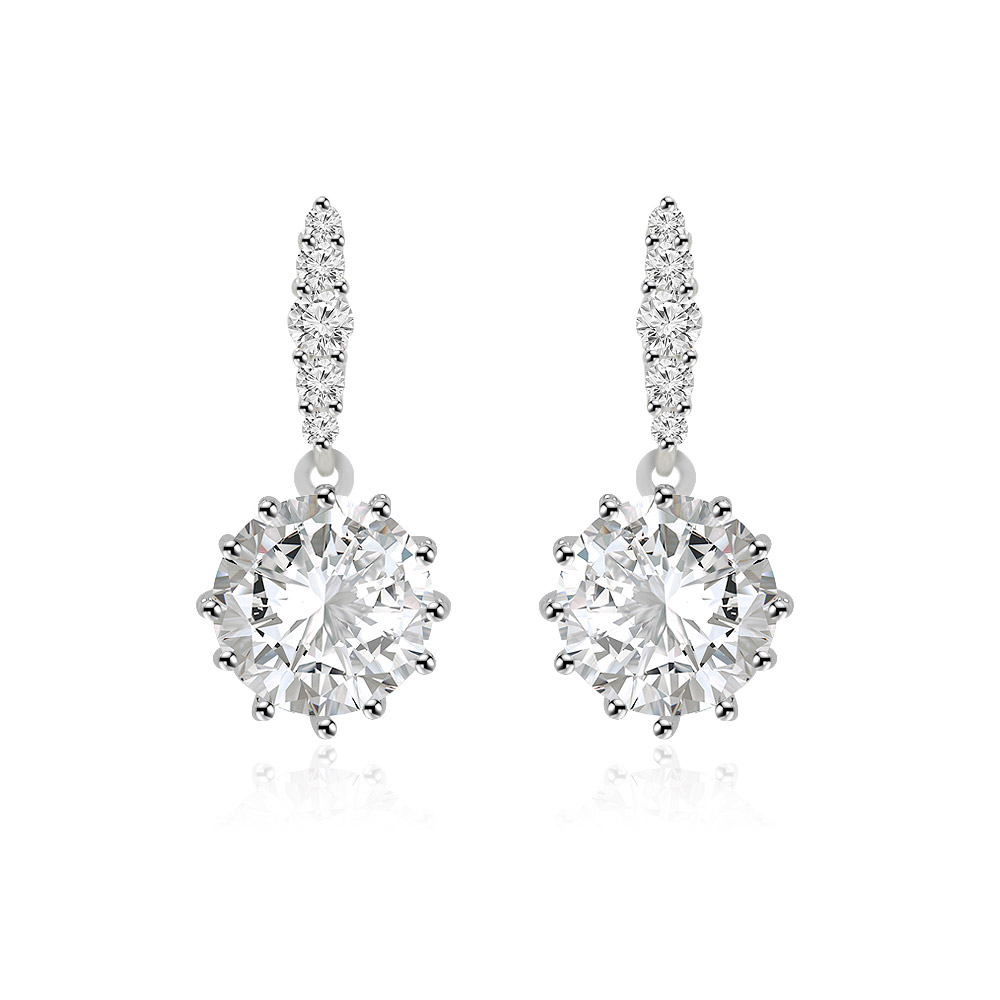A detailed view of the Round Prong Setting Dangle Earrings, highlighting the central round cubic zirconia stone encircled by a halo of smaller sparkling stones.