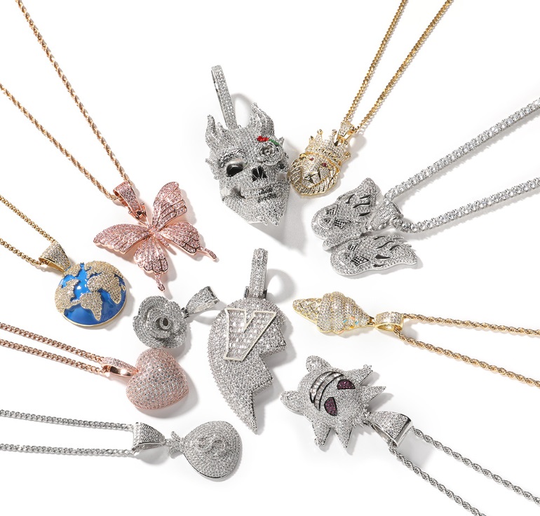 A collection of custom-made hip hop pendants with intricate diamond-encrusted designs, showcasing the manufacturing capabilities of JR Fashion Accessories.