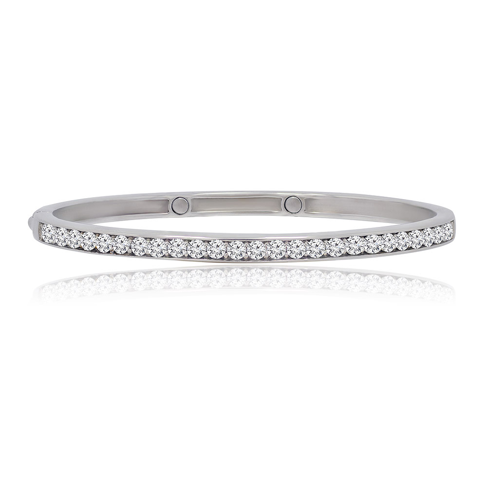 The Eye On Me Bangle, a rhodium-plated brass bracelet featuring a full circle of princess cut cubic zirconia stones.