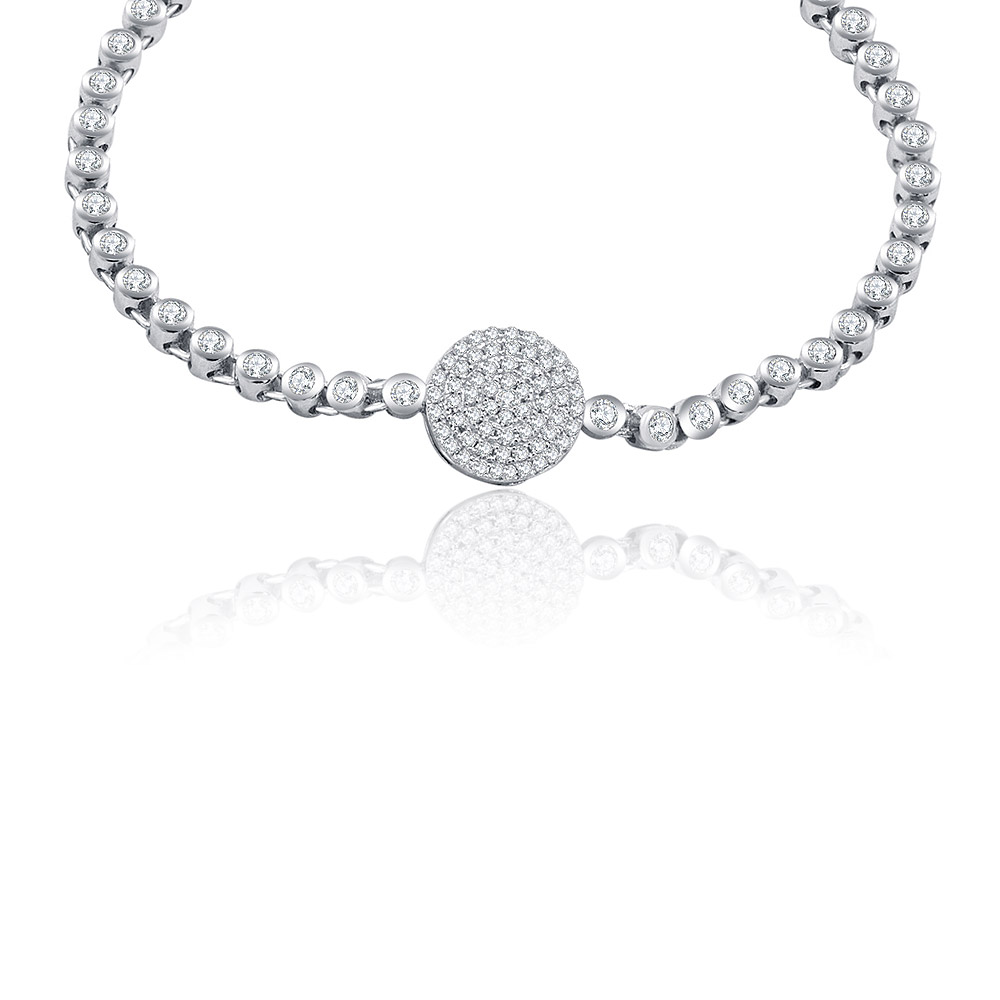 Close-up view of the Round Pave Tennis Bracelet, showcasing the intricate pave setting with sparkling cubic zirconia stones on a rhodium-plated band.