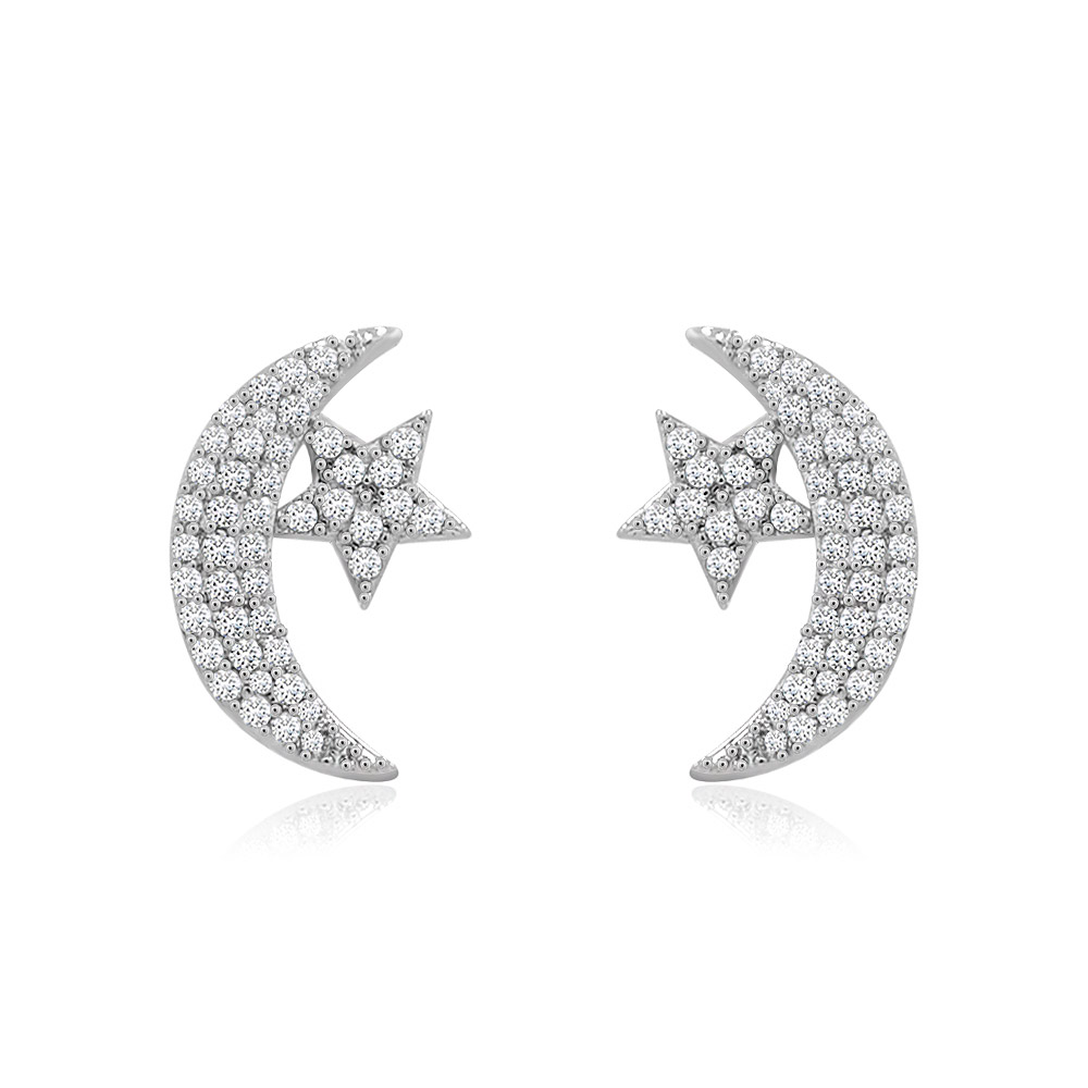 A pair of silver Moon and Star Cubic Post Earrings, model BEQ04-R-Z-01520, encrusted with sparkling white cubic zirconia stones.