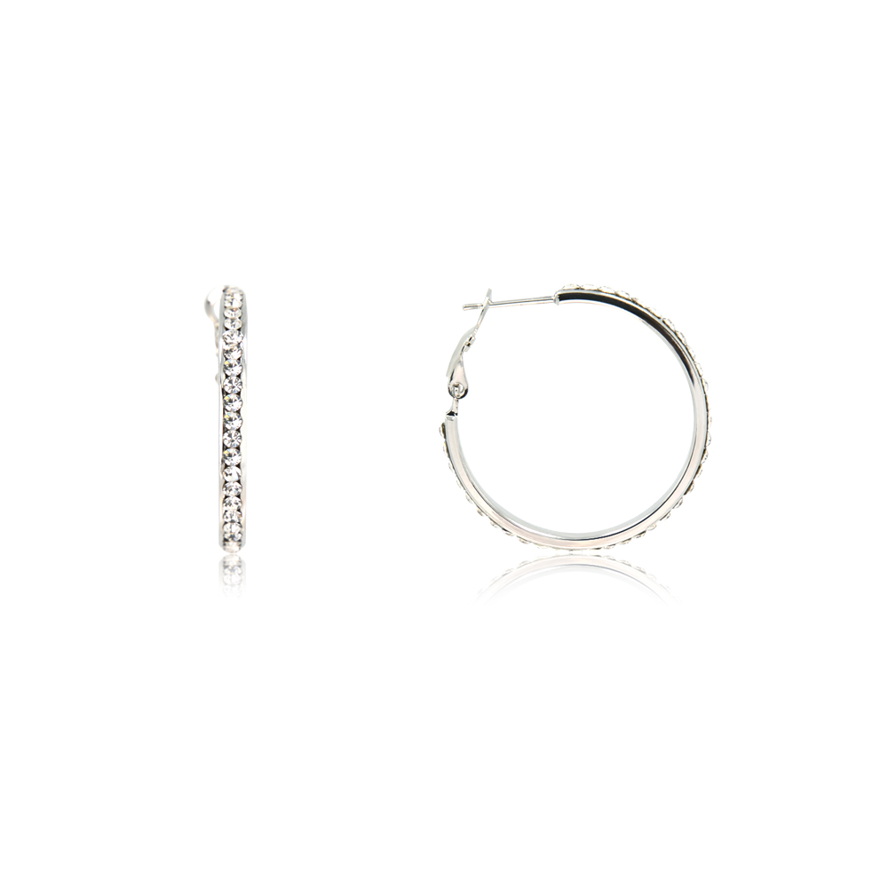 A pair of diamond-encrusted silver hoop earrings, model FEQ01-R-C-00210, showcasing their sparkling white Czech crystals on a white background.