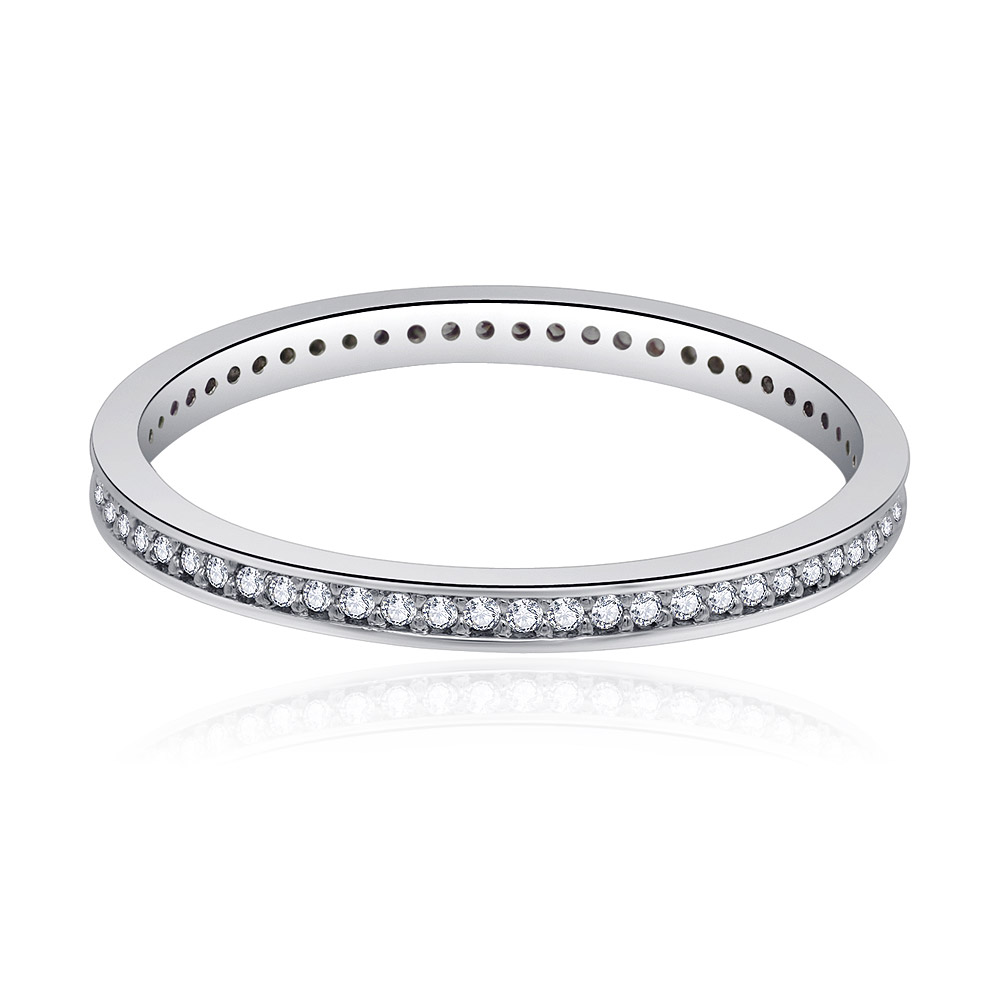 A close-up of the Fine Eternity Band Ring, showcasing its brilliant, diamond-like cubic zirconia stones set in a rhodium-plated brass band.