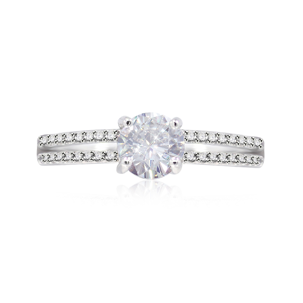 A close-up of the Romantic Love Ring, showcasing the brilliant center cubic zirconia stone set on a double-row pavé band with rhodium plating.