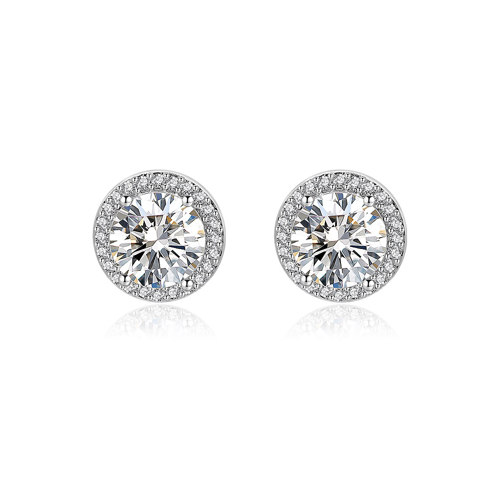A pair of Round Zirconia Cluster Stud Earrings with a halo setting in rhodium-plated brass, showcasing a central round stone.