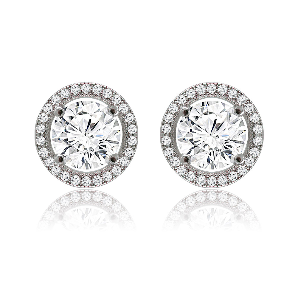A close-up of the Radiant Round Stud Earrings, showcasing the central cubic zirconia stone in a brilliant halo setting made of rhodium-plated brass.