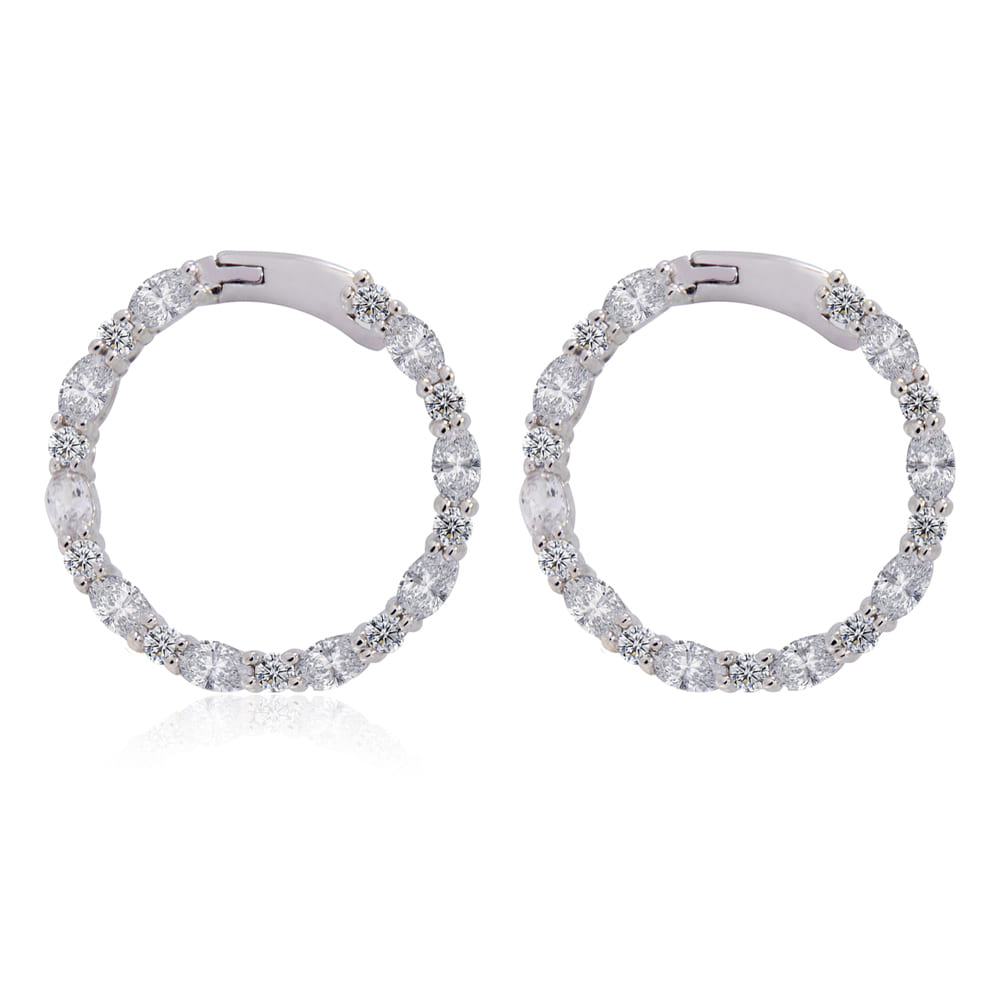 A pair of Glitzy Round Hoop Earrings in rhodium plating, adorned with sparkling white cubic zirconia stones, presented on a clean white background.