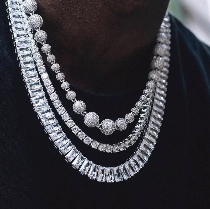 Close-up of a sparkling custom tennis chain necklace, showcasing the brilliant cubic zirconia stones and quality craftsmanship by JR Fashion Accessories.
