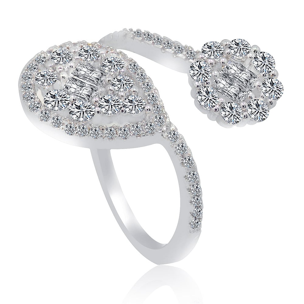 Close-up product shot of the Sparkle Say Yes Ring, an intricate cubic zirconia engagement ring with rhodium plating, showcasing its brilliant stones and detailed design.