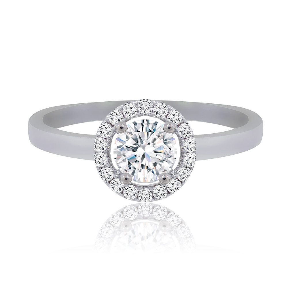 A stunning white cubic zirconia halo engagement ring with a rhodium-plated finish, featuring a large central stone surrounded by smaller sparkling stones on a sleek brass band.
