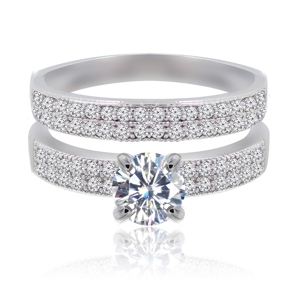 Close-up of the Past And Future Set, a high-end rhodium-plated ring with multiple cubic zirconia stones, showcasing its intricate design.