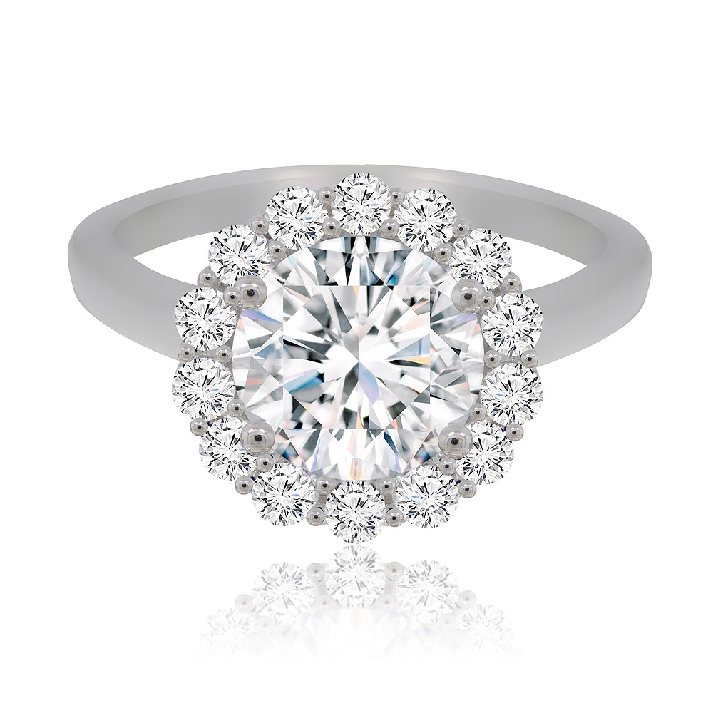 Front view of the Floral Clear CZ Ring in 925 Sterling Silver, highlighting the central 8mm cubic zirconia in a floral halo setting.