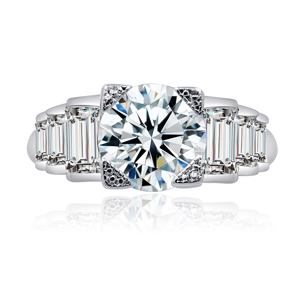 Baguette Channel Engagement Ring featuring a large round-cut center CZ stone with channel-set baguette accents on a rhodium-plated band.