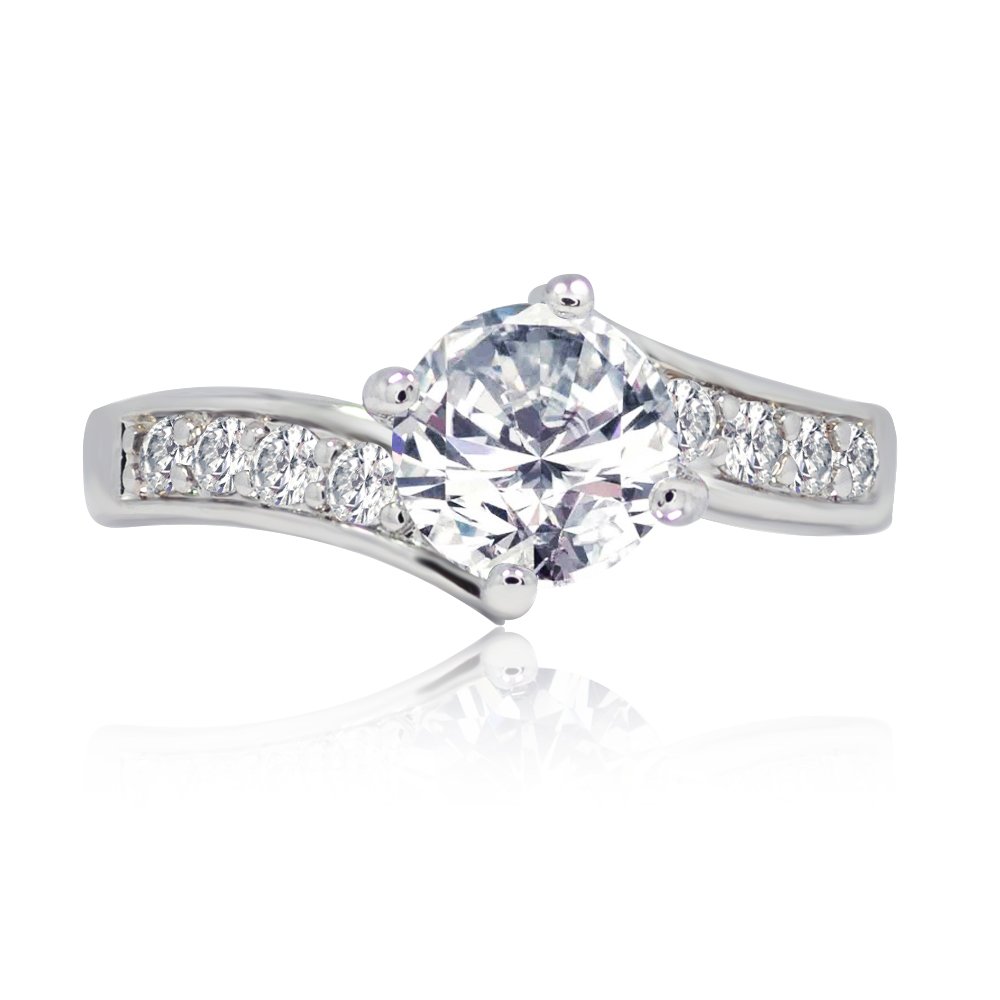 Front view of the Dearly Beloved Ring, a vintage-style cubic zirconia ring with a large central stone and pavé accents on the rhodium-plated band.