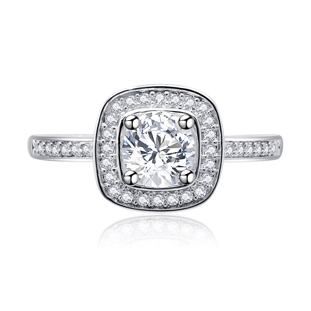 A stunning women's square princess cut cubic zirconia ring with a brilliant center stone and an encrusted band, shown against a clean white background.