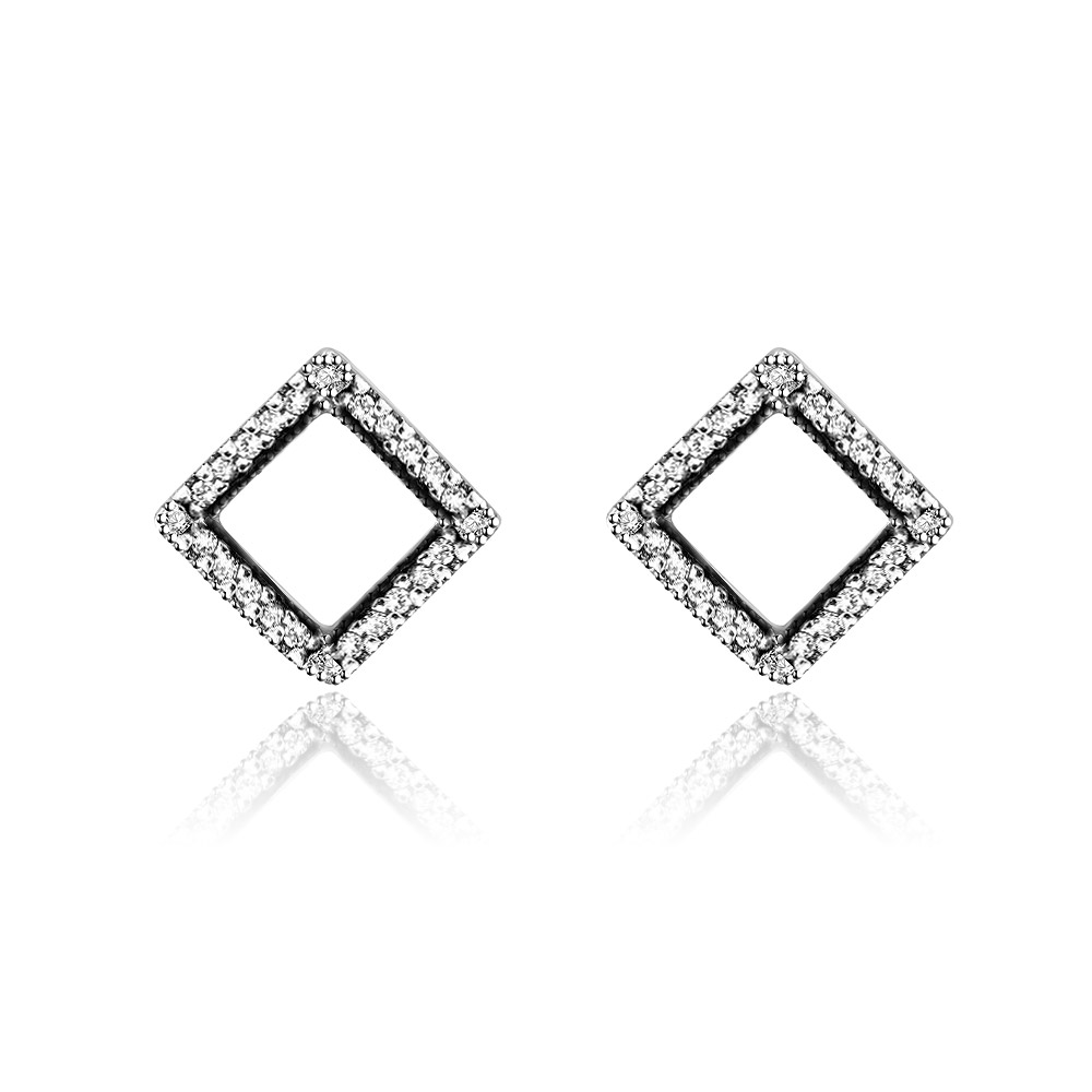 A pair of square 925 sterling silver stud earrings featuring a sparkling cubic zirconia stone at the center, surrounded by a frame of smaller stones.