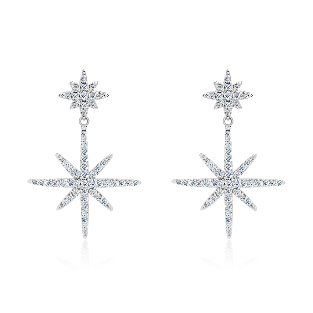 A pair of Double Starburst Drop Earrings with rhodium plating and sparkling cubic zirconia stones, shown against a white background.