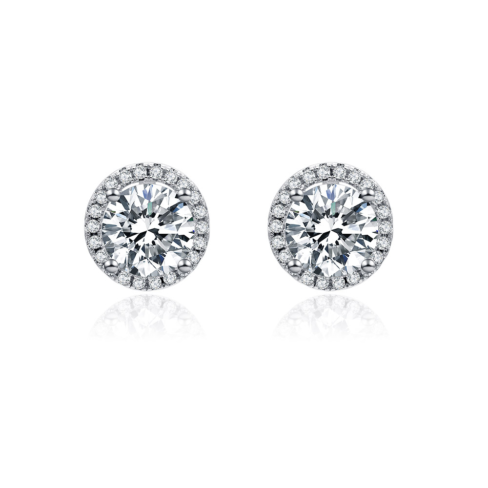 CZ Solitaire Stud Earring with a brilliant round cut cubic zirconia in a halo setting, rhodium-plated finish.