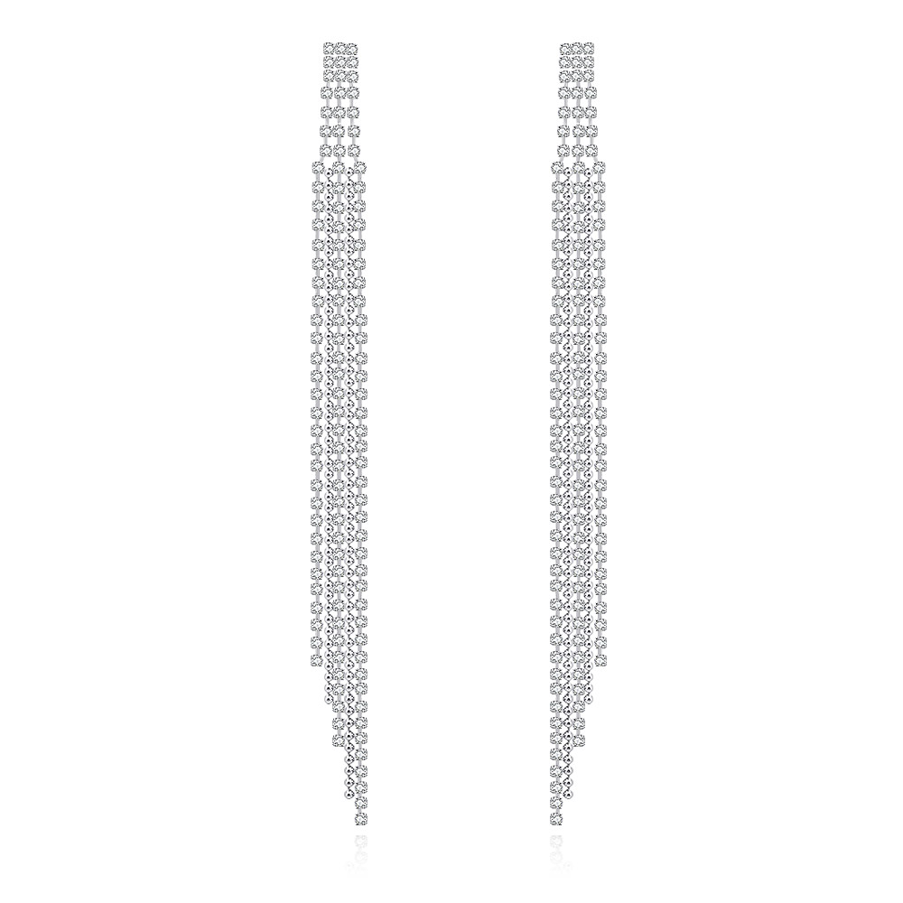 Elegant silver extra long crystal bride earrings with a luxurious diamond-studded design.