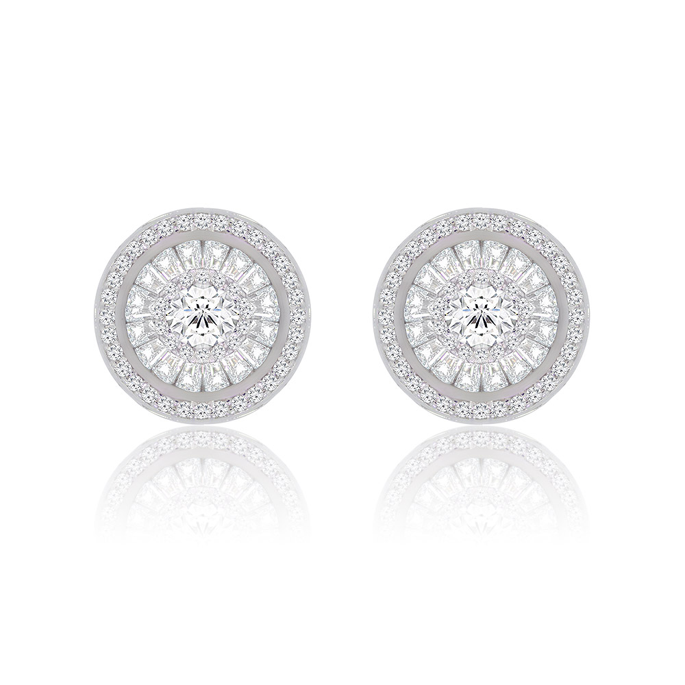 Front view of the Clear Round Cubic Zirconia Stud Earrings, showcasing the central stone, milgrain detailing, and multi-layered circular design in 925 sterling silver.