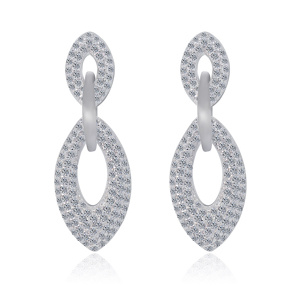 Front view of the Tri Link Drop Pave CZ Earring, showcasing its interlocking double oval design with sparkling cubic zirconia stones on a rhodium-plated finish.