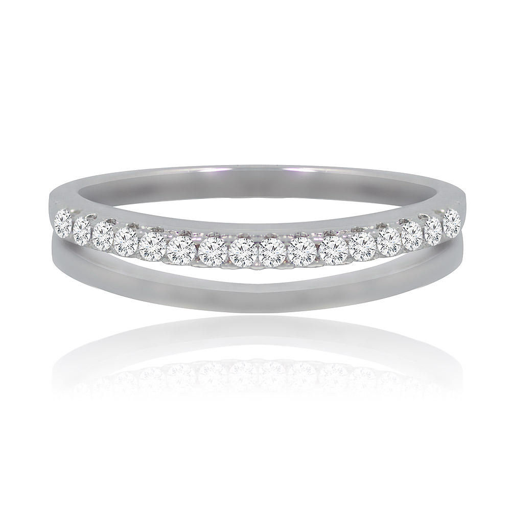 Front view of the Open Circle Wedding Band, a rhodium-plated brass ring featuring a channel-set design with sparkling cubic zirconia stones.