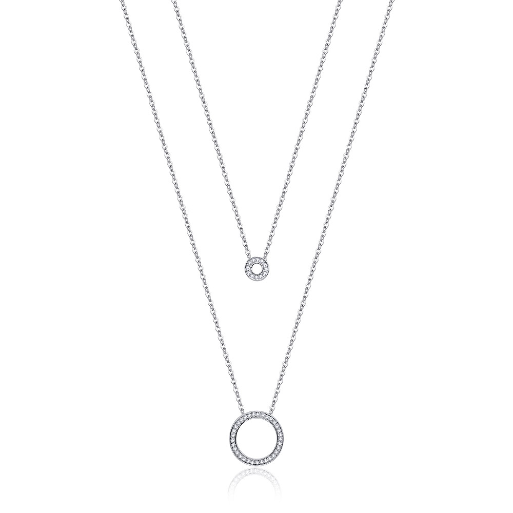 Elegant Pave Circle Double Layer Necklace in rhodium-plated brass, showcasing two circular pendants adorned with sparkling white cubic zirconia stones.