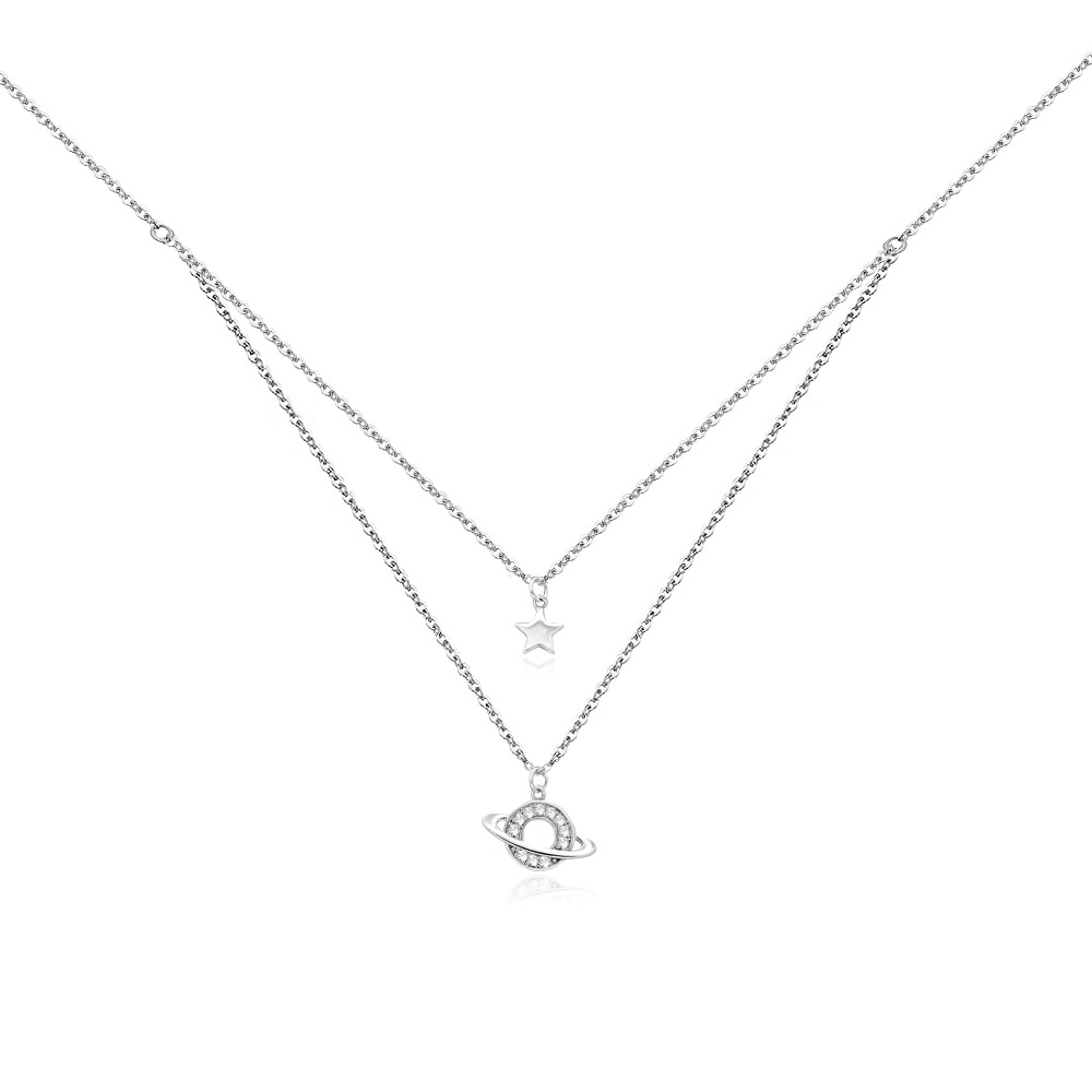A stylish double choker necklace with star and planet charms, showcasing its layered design and celestial theme.