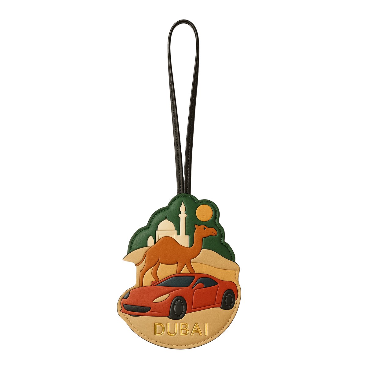 A collection of Dubai-themed leather bag charms, including a red sports car, a camel, and a landmark building, perfect as stylish souvenirs.