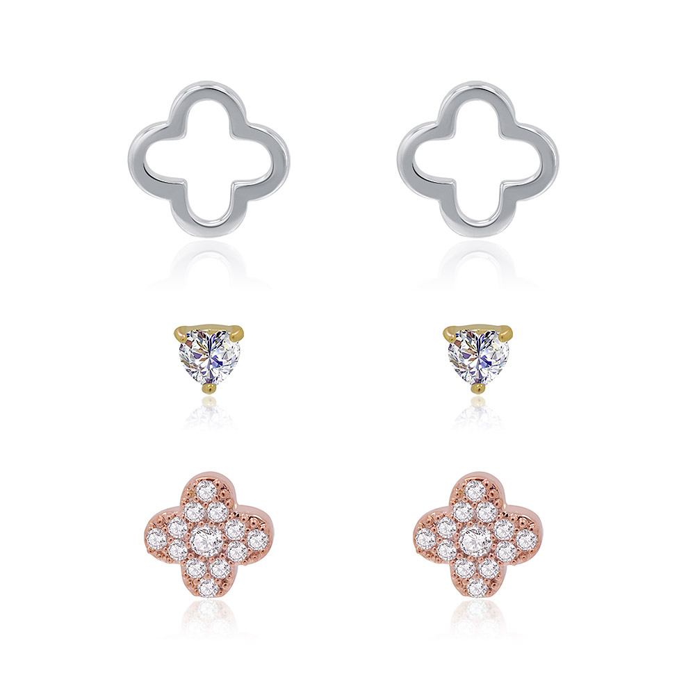 A set of three simple floral cubic zirconia stud earrings in rhodium, gold, and rose gold finishes, displayed on a white background.