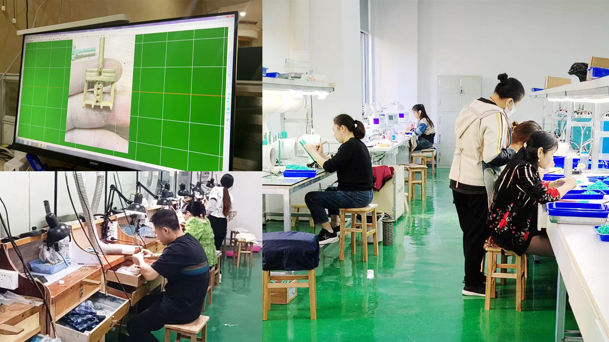 A collage showcasing the JR Fashion Accessories factory workshop, including CAD design, detailed handcrafting, and assembly line production, representing our comprehensive jewelry manufacturing capabilities.