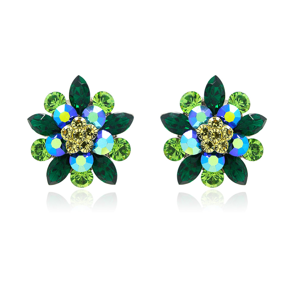 Close-up of Greeny Stud Flower Ear Post (JRE-022) showcasing its intricate floral design with gold, blue, and green crystal gemstones.