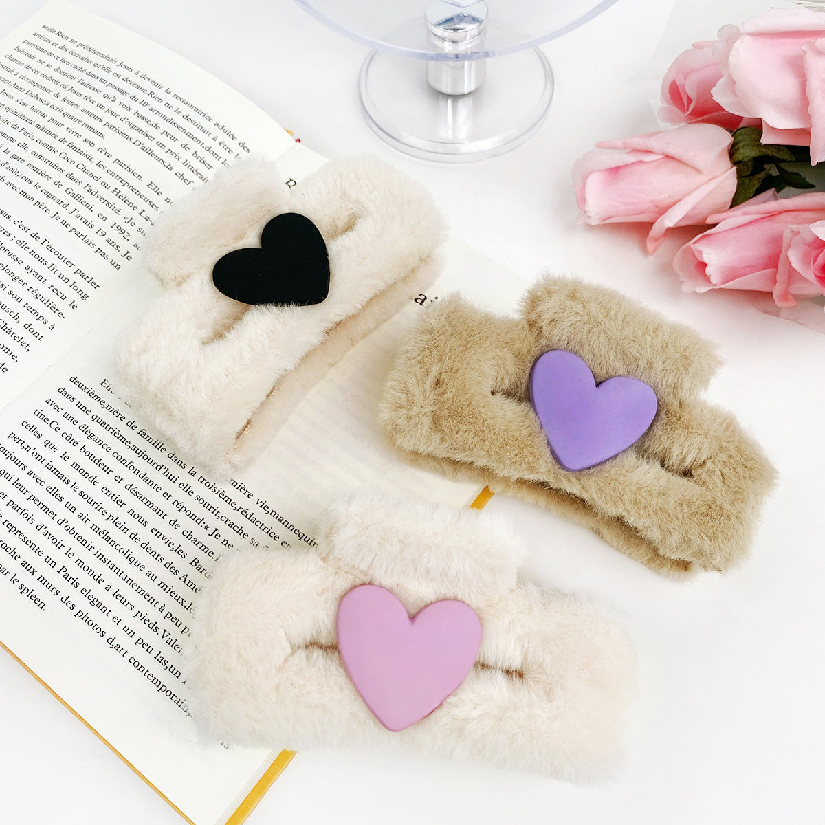 A collection of cute fluffy plush square claw hair clips in various colors, each adorned with a heart decoration, sold as a set of 5.
